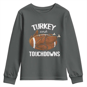 Funny Thanksgiving Youth Sweatshirt Turkey and Touchdowns Football Season TS10 Dark Heather Print Your Wear