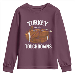 Funny Thanksgiving Youth Sweatshirt Turkey and Touchdowns Football Season TS10 Maroon Print Your Wear