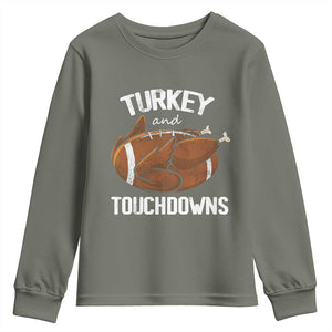 Funny Thanksgiving Youth Sweatshirt Turkey and Touchdowns Football Season TS10 Military Green Print Your Wear