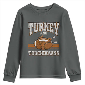 Thanksgiving Turkey And Touchdowns Football Youth Sweatshirt Game Day Outfits American Football Player Gift TS10 Dark Heather Print Your Wear