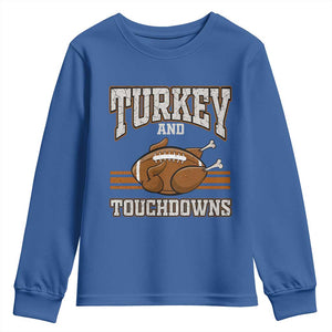 Thanksgiving Turkey And Touchdowns Football Youth Sweatshirt Game Day Outfits American Football Player Gift TS10 Royal Blue Print Your Wear