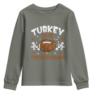 Thanksgiving Turkey And Touchdowns Football Season Youth Sweatshirt Game Day TS10 Military Green Print Your Wear