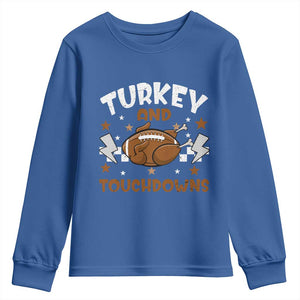 Thanksgiving Turkey And Touchdowns Football Season Youth Sweatshirt Game Day TS10 Royal Blue Print Your Wear