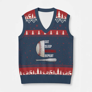 Baseball Player V-Neck Knit Sweater Vest Retro Funny Eat Sleep Baseball Repeat TS10 Navy Red Print Your Wear