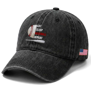 Baseball Player Washed Cotton Baseball Cap Retro Funny Eat Sleep Baseball Repeat TS10 Print Your Wear