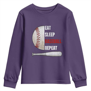 Baseball Player Youth Sweatshirt Retro Funny Eat Sleep Baseball Repeat TS10 Purple Print Your Wear