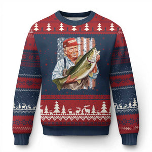 Patriotic Fisherman Ugly Christmas Sweater American Flag Bass Fish Fisherman Trump TS10 Navy Red Print Your Wear