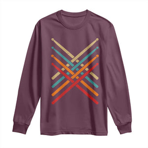 Retro Vintage Drummer Long Sleeve Shirt 70s 80s Distressed Drum Sticks TS10 Maroon Print Your Wear