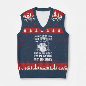 Funny Drummer V-Neck Knit Sweater Vest I Might Look Like Im Listening To You But TS10 Navy Red Print Your Wear