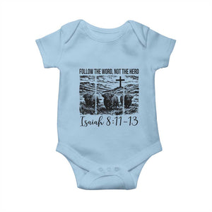 Follow the Word Not The Herd Baby Onesie Vintage Bible Verse Christian Country Highland Cow Boho TS10 Light Blue Print Your Wear
