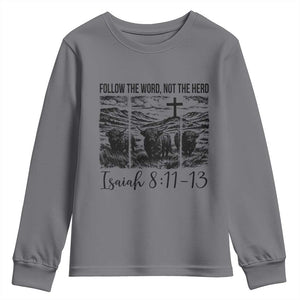 Follow the Word Not The Herd Youth Sweatshirt Vintage Bible Verse Christian Country Highland Cow Boho TS10 Charcoal Print Your Wear