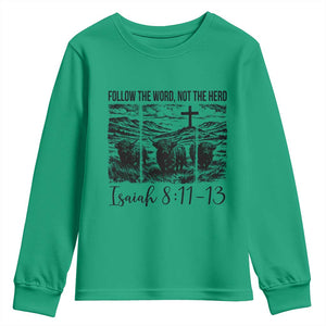 Follow the Word Not The Herd Youth Sweatshirt Vintage Bible Verse Christian Country Highland Cow Boho TS10 Irish Green Print Your Wear