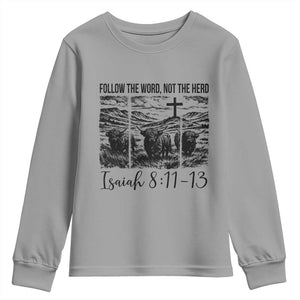 Follow the Word Not The Herd Youth Sweatshirt Vintage Bible Verse Christian Country Highland Cow Boho TS10 Sport Gray Print Your Wear