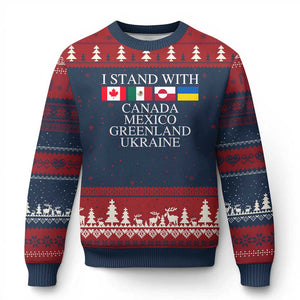 I Stand With Canada Mexico Greenland Ukraine Ugly Christmas Sweater Solidarity Flags Political Statement TS10 Navy Red Print Your Wear