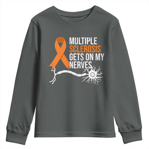 Multiple Sclerosis Awareness Youth Sweatshirt Orange Ribbon MS Gets On My Nerves TS10 Dark Heather Print Your Wear