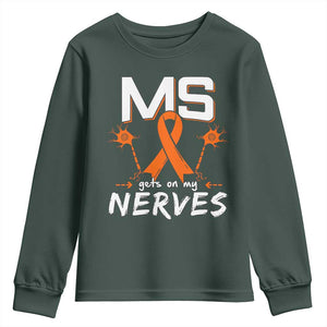 MS Gets On My Nerves Multiple Sclerosis Awareness Youth Sweatshirt Orange Ribbon TS10 Dark Forest Green Print Your Wear