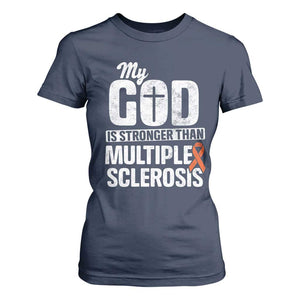 God Stronger Multiple Sclerosis Awareness T Shirt For Women Orange Ribbon MS Support Squad TS10 Navy Print Your Wear