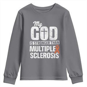 God Stronger Multiple Sclerosis Awareness Youth Sweatshirt Orange Ribbon MS Support Squad TS10 Charcoal Print Your Wear
