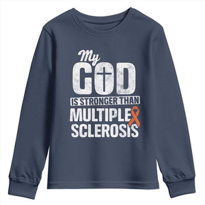 God Stronger Multiple Sclerosis Awareness Youth Sweatshirt Orange Ribbon MS Support Squad TS10 Navy Print Your Wear
