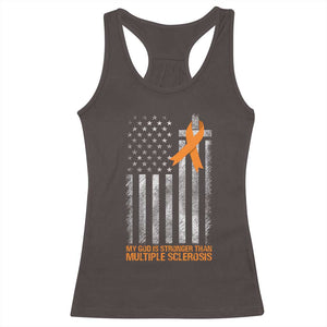 God Stronger Multiple Sclerosis Awareness Racerback Tank Top Orange Ribbon Christian US USA Flag American Christ Cross TS10 Dark Chocolate Print Your Wear