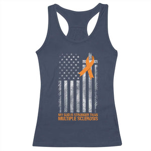 God Stronger Multiple Sclerosis Awareness Racerback Tank Top Orange Ribbon Christian US USA Flag American Christ Cross TS10 Navy Print Your Wear