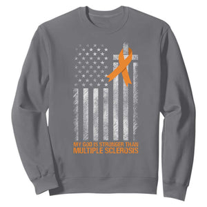 God Stronger Multiple Sclerosis Awareness Sweatshirt Orange Ribbon Christian US USA Flag American Christ Cross TS10 Charcoal Print Your Wear