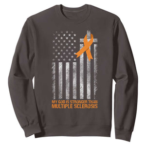 God Stronger Multiple Sclerosis Awareness Sweatshirt Orange Ribbon Christian US USA Flag American Christ Cross TS10 Dark Chocolate Print Your Wear