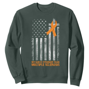 God Stronger Multiple Sclerosis Awareness Sweatshirt Orange Ribbon Christian US USA Flag American Christ Cross TS10 Dark Forest Green Print Your Wear