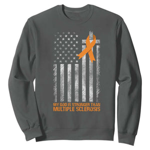 God Stronger Multiple Sclerosis Awareness Sweatshirt Orange Ribbon Christian US USA Flag American Christ Cross TS10 Dark Heather Print Your Wear