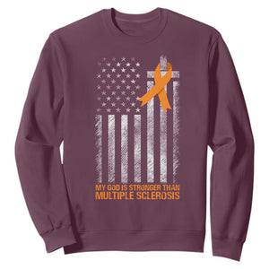 God Stronger Multiple Sclerosis Awareness Sweatshirt Orange Ribbon Christian US USA Flag American Christ Cross TS10 Maroon Print Your Wear