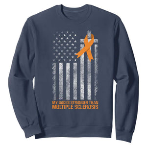 God Stronger Multiple Sclerosis Awareness Sweatshirt Orange Ribbon Christian US USA Flag American Christ Cross TS10 Navy Print Your Wear