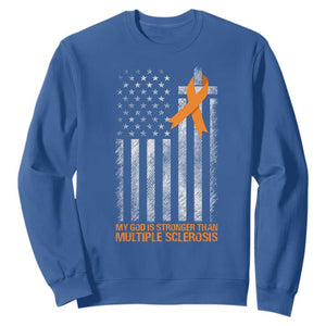 God Stronger Multiple Sclerosis Awareness Sweatshirt Orange Ribbon Christian US USA Flag American Christ Cross TS10 Royal Blue Print Your Wear