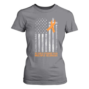 God Stronger Multiple Sclerosis Awareness T Shirt For Women Orange Ribbon Christian US USA Flag American Christ Cross TS10 Charcoal Print Your Wear