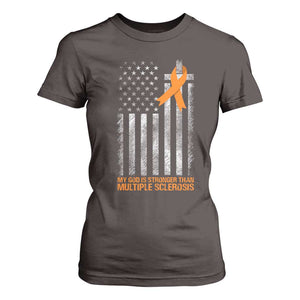 God Stronger Multiple Sclerosis Awareness T Shirt For Women Orange Ribbon Christian US USA Flag American Christ Cross TS10 Dark Chocolate Print Your Wear