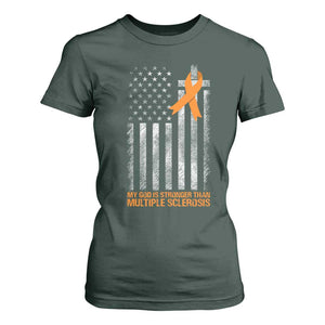 God Stronger Multiple Sclerosis Awareness T Shirt For Women Orange Ribbon Christian US USA Flag American Christ Cross TS10 Dark Forest Green Print Your Wear
