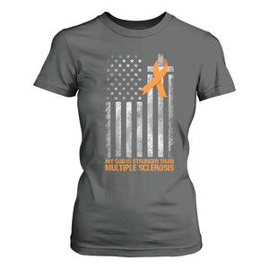 God Stronger Multiple Sclerosis Awareness T Shirt For Women Orange Ribbon Christian US USA Flag American Christ Cross TS10 Dark Heather Print Your Wear
