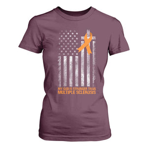 God Stronger Multiple Sclerosis Awareness T Shirt For Women Orange Ribbon Christian US USA Flag American Christ Cross TS10 Maroon Print Your Wear
