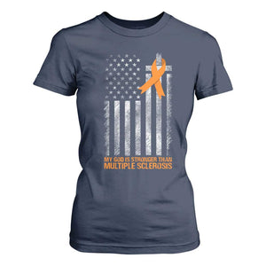 God Stronger Multiple Sclerosis Awareness T Shirt For Women Orange Ribbon Christian US USA Flag American Christ Cross TS10 Navy Print Your Wear