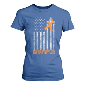 God Stronger Multiple Sclerosis Awareness T Shirt For Women Orange Ribbon Christian US USA Flag American Christ Cross TS10 Royal Blue Print Your Wear