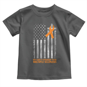 God Stronger Multiple Sclerosis Awareness Toddler T Shirt Orange Ribbon Christian US USA Flag American Christ Cross TS10 Dark Heather Print Your Wear