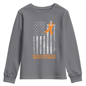 God Stronger Multiple Sclerosis Awareness Youth Sweatshirt Orange Ribbon Christian US USA Flag American Christ Cross TS10 Charcoal Print Your Wear