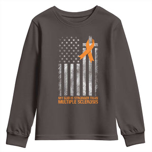 God Stronger Multiple Sclerosis Awareness Youth Sweatshirt Orange Ribbon Christian US USA Flag American Christ Cross TS10 Dark Chocolate Print Your Wear