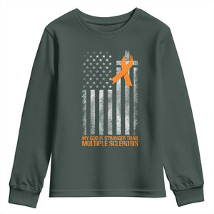 God Stronger Multiple Sclerosis Awareness Youth Sweatshirt Orange Ribbon Christian US USA Flag American Christ Cross TS10 Dark Forest Green Print Your Wear