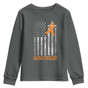 God Stronger Multiple Sclerosis Awareness Youth Sweatshirt Orange Ribbon Christian US USA Flag American Christ Cross TS10 Dark Heather Print Your Wear