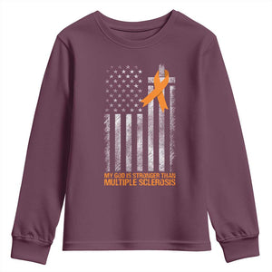 God Stronger Multiple Sclerosis Awareness Youth Sweatshirt Orange Ribbon Christian US USA Flag American Christ Cross TS10 Maroon Print Your Wear