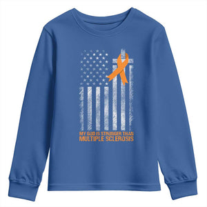 God Stronger Multiple Sclerosis Awareness Youth Sweatshirt Orange Ribbon Christian US USA Flag American Christ Cross TS10 Royal Blue Print Your Wear