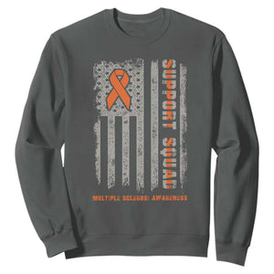 MS Support Squad Sweatshirt Orange Ribbon Multiple Sclerosis Awareness USA Flag TS10 Dark Heather Print Your Wear