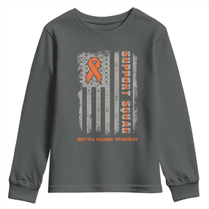 MS Support Squad Youth Sweatshirt Orange Ribbon Multiple Sclerosis Awareness USA Flag TS10 Dark Heather Print Your Wear