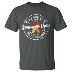 MS Awareness T Shirt Orange Ribbon God Stronger MS TS10 Dark Heather Print Your Wear