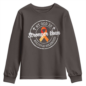 MS Awareness Youth Sweatshirt Orange Ribbon God Stronger MS TS10 Dark Chocolate Print Your Wear